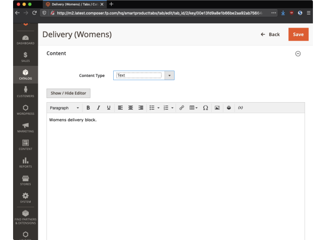 Use the Magento WYSIWYG to enter text/HTML for the tab content