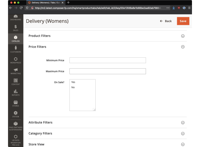 Specify price filters to determine whether the tab should display