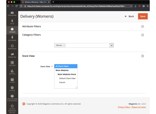 Specify category filters to determine whether the tab should display and specify the tab stores/websites.
